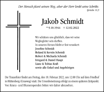 Traueranzeige von Jakob Schmidt von Giessener Allgemeine, Alsfelder Allgemeine