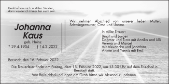 Traueranzeige von Johanna Kaus von Wetterauer Zeitung