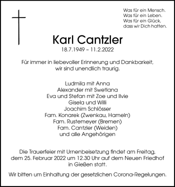 Traueranzeige von Karl Cantzler von Giessener Allgemeine, Alsfelder Allgemeine, Giessener Anzeiger