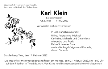 Traueranzeige von Karl Klein von Giessener Allgemeine, Alsfelder Allgemeine