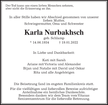 Traueranzeige von Karla Nurbakhsch von Giessener Allgemeine, Alsfelder Allgemeine