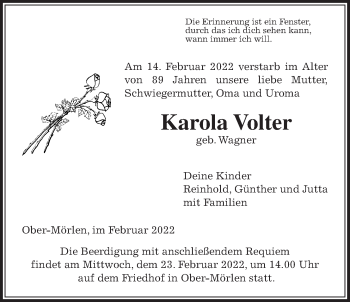 Traueranzeige von Karola Volter von Wetterauer Zeitung