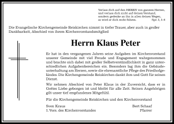 Traueranzeige von Klaus Peter von Giessener Allgemeine, Alsfelder Allgemeine, Reiskirchener Anzeiger