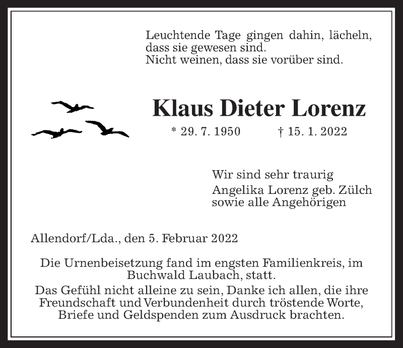  Traueranzeige für Klaus Dieter Lorenz vom 05.02.2022 aus Giessener Allgemeine, Alsfelder Allgemeine