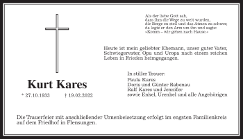 Traueranzeige von Kurt Kares von Alsfelder Allgemeine