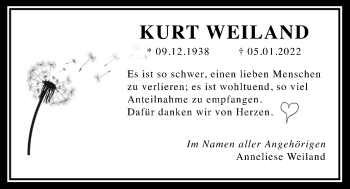 Traueranzeige von Kurt Weiland von Wetterauer Zeitung