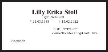 Traueranzeige von Lilly Erika Stoll von Wetterauer Zeitung