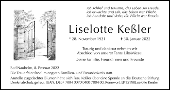 Traueranzeige von Liselotte Keßler von Wetterauer Zeitung
