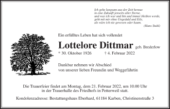 Traueranzeige von Lottelore Dittmar von Bad Vilbel/Karben