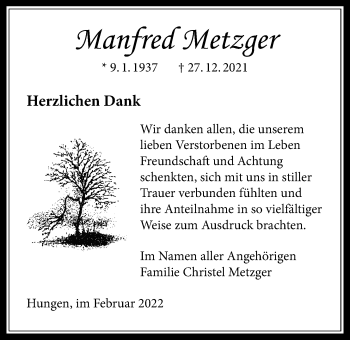 Traueranzeige von Manfred Metzger von Licher Wochenblatt