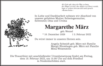 Traueranzeige von Margarethe März von Bad Vilbel/Karben