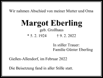 Traueranzeige von Margot Eberling von Giessener Allgemeine, Alsfelder Allgemeine
