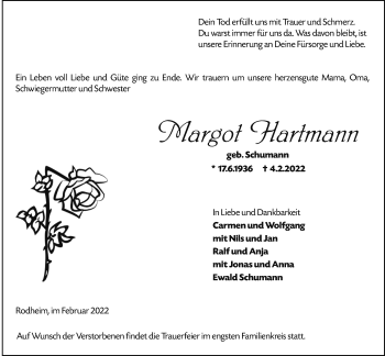 Traueranzeige von Margot Hartmann von Giessener Anzeiger