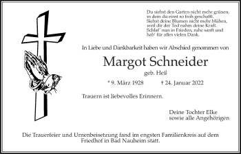 Traueranzeige von Margot Schneider von Wetterauer Zeitung
