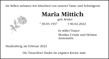 Traueranzeige von Maria Mittich von Giessener Allgemeine, Alsfelder Allgemeine