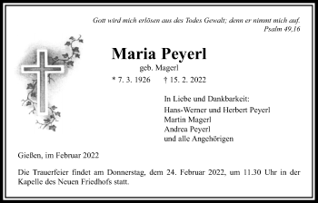 Traueranzeige von Maria Peyerl von Giessener Allgemeine, Alsfelder Allgemeine