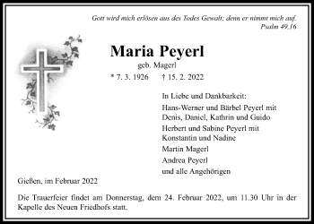 Traueranzeige von Maria Peyerl von Giessener Anzeiger