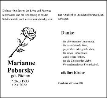 Traueranzeige von Marianne Poborsky von Giessener Allgemeine, Alsfelder Allgemeine