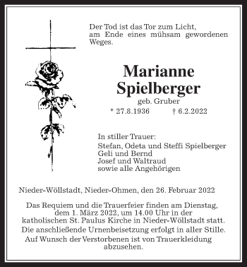 Traueranzeige von Marianne Spielberger von Wetterauer Zeitung