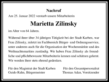 Traueranzeige von Marietta Zilinsky von Wetterauer Zeitung