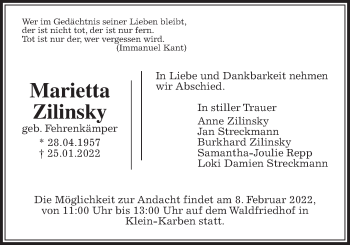 Traueranzeige von Marietta Zilinsky von Bad Vilbel/Karben, Wetterauer Zeitung
