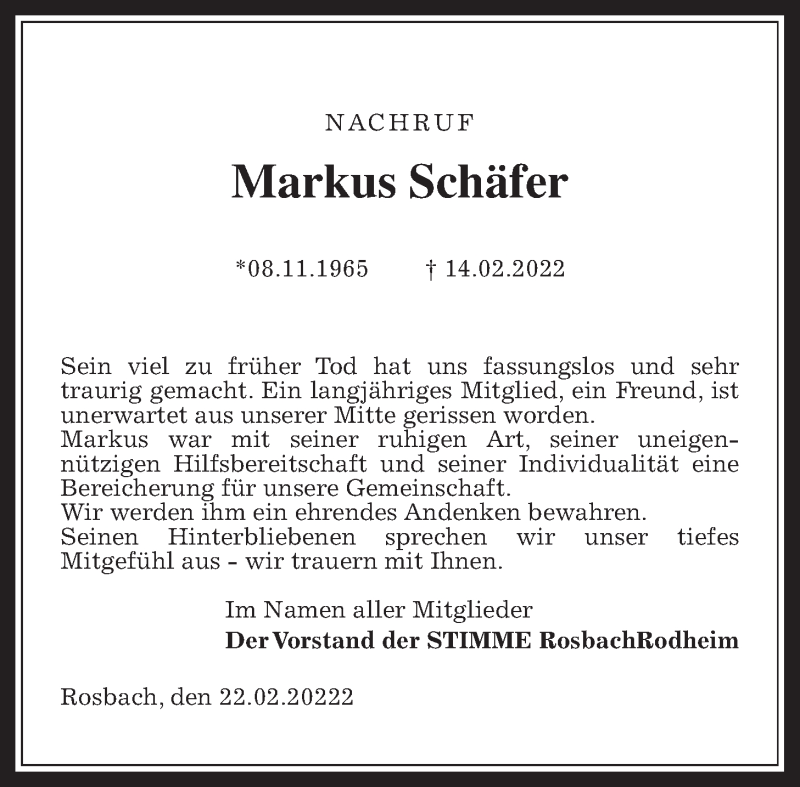  Traueranzeige für Markus Schäfer vom 25.02.2022 aus Wetterauer Zeitung