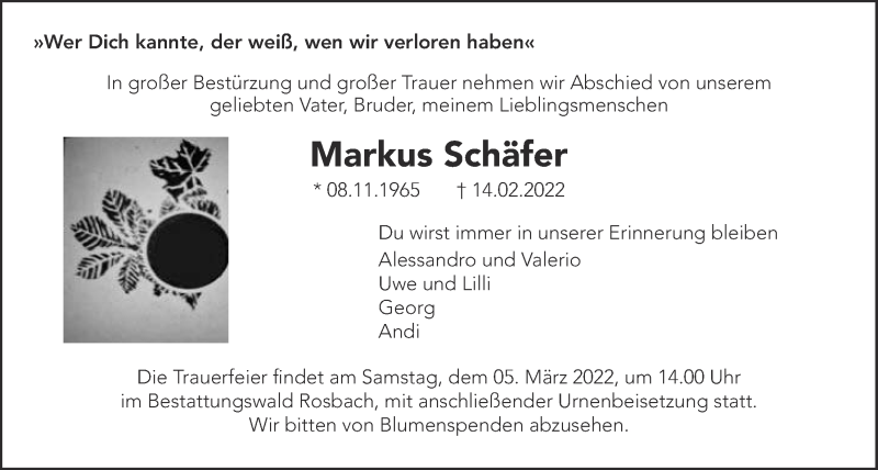  Traueranzeige für Markus Schäfer vom 25.02.2022 aus Wetterauer Zeitung