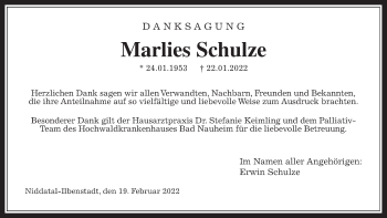 Traueranzeige von Marlies Schulze von Wetterauer Zeitung