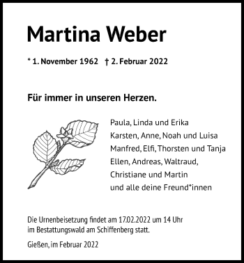 Traueranzeige von Martina Weber von Giessener Allgemeine, Alsfelder Allgemeine, Giessener Anzeiger