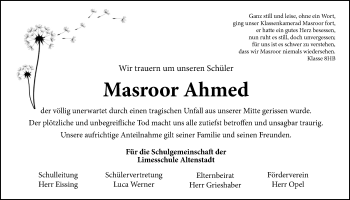 Traueranzeige von Masroor Ahmed von Kreis-Anzeiger