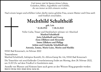 Traueranzeige von Mechthild Schultheiß von Wetterauer Zeitung