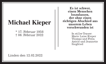 Traueranzeige von Michael Kieper von Wetterauer Zeitung, Giessener Allgemeine, Alsfelder Allgemeine