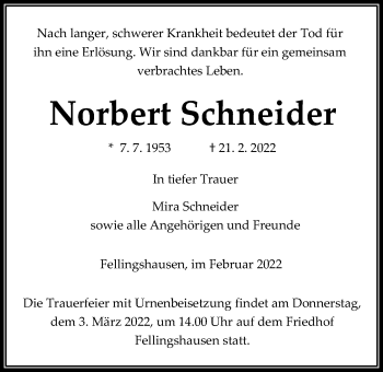 Traueranzeige von Norbert Schneider von Giessener Allgemeine, Alsfelder Allgemeine