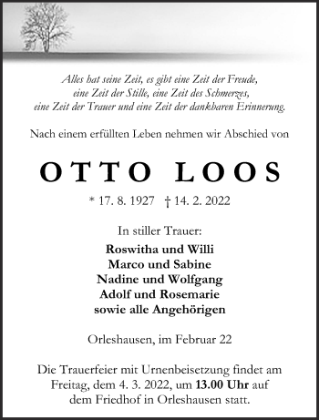 Traueranzeige von Otto Loos von Kreis-Anzeiger