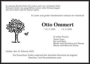 Traueranzeige von Otto Ommert von Giessener Allgemeine, Alsfelder Allgemeine, Giessener Anzeiger
