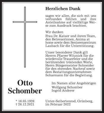 Traueranzeige von Otto Schomber von Giessener Allgemeine, Alsfelder Allgemeine