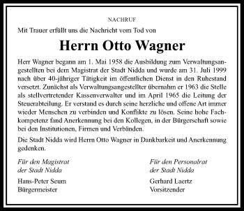 Traueranzeige von Otto Wagner von Kreis-Anzeiger