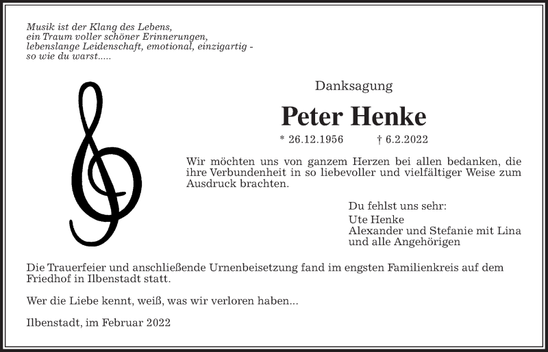  Traueranzeige für Peter Henke vom 26.02.2022 aus Wetterauer Zeitung