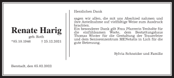 Traueranzeige von Renate Harig von Wetterauer Zeitung