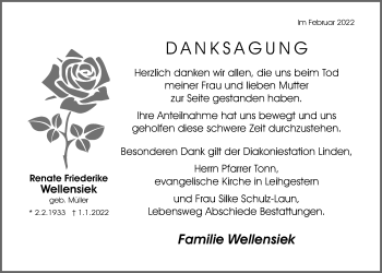 Traueranzeige von Renate Friederike Wellensiek von Giessener Allgemeine, Alsfelder Allgemeine, Giessener Anzeiger