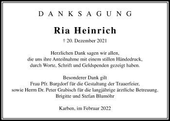 Traueranzeige von Ria Heinrich von Bad Vilbel/Karben
