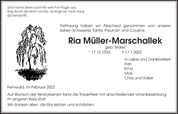 Traueranzeige von Ria Müller-Marschallek von Giessener Allgemeine, Alsfelder Allgemeine, Giessener Anzeiger