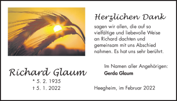 Traueranzeige von Richard Glaum von Kreis-Anzeiger