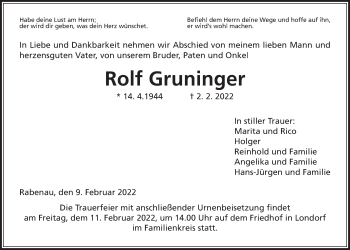 Traueranzeige von Rolf Gruninger von Giessener Allgemeine, Alsfelder Allgemeine, Giessener Anzeiger