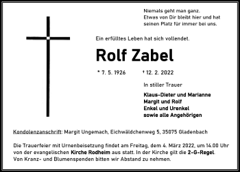 Traueranzeige von Rolf Zabel von Giessener Allgemeine, Alsfelder Allgemeine