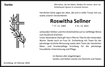 Traueranzeige von Roswitha Sellner von Giessener Allgemeine, Alsfelder Allgemeine