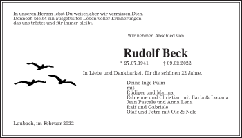 Traueranzeige von Rudolf Beck von Laubacher Anzeiger