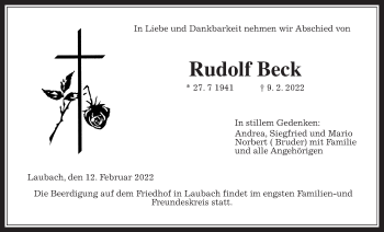 Traueranzeige von Rudolf Beck von Giessener Allgemeine, Alsfelder Allgemeine, Giessener Anzeiger