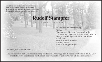 Traueranzeige von Rudolf Stampfer von Laubacher Anzeiger, Giessener Allgemeine, Alsfelder Allgemeine