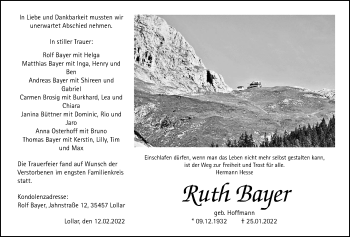 Traueranzeige von Ruth Bayer von Giessener Allgemeine, Alsfelder Allgemeine, Giessener Anzeiger